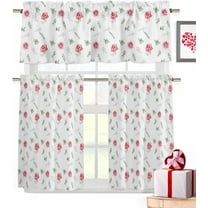 Valentines 3 Piece Kitchen Curtains Tiers and Valances Set Watercolor Roses Flower Window Curtains Set Floral Patern Decor Rod Pocket Valance for Kitchen Bedroom Valentines Decor 54 x 24 in