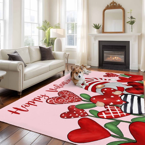 Valentines Area Rug 5x7 FT, Non Slip Bedroom Throw Carpet, Red Love Heart Botanical Gnomes Pink Washable Soft Floor Carpet Non-Shedding Rug for Dining Room Bedside Classroom Desk