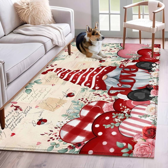 Valentines Area Rugs 2.7'x5', Washable Small Throw Rugs for Kitchen Bedroom, Pink Red Love Heart Gnomes Eucalyptus Retro Indoor Outdoor Rug Non-Slip Low Pile Carpet Runner Reversible Floor Mats