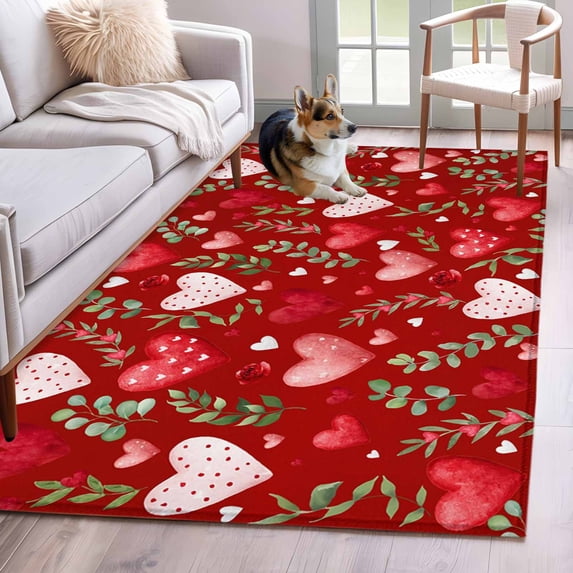 Valentines Area Rugs 3'x5', Washable Small Throw Rugs for Living Room Bedroom, Pink Red Love Heart Spring Green Botanical Indoor Outdoor Rug Non-Slip Low Pile Carpet Runner Reversible Floor Mats