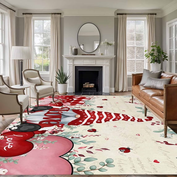 Valentines Area Rugs 5'x7', Washable Small Throw Rugs for Laundry Room Playroom, Pink Red Love Heart Gnomes Eucalyptus Rustic Indoor Outdoor Rug Non-Slip Low Pile Carpet Runner Reversible Floor Mats