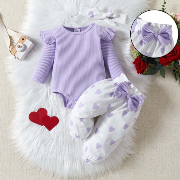 Valentines Baby Girl Outfit Long Sleeve Heart Print Ruffle Romper Bodysuit Pants and Headband Set Cute Baby Girl Outfit Outfits for Girls 6-9 Months