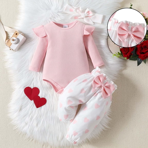 Valentines Baby Girl Outfit Long Sleeve Heart Print Ruffle Romper Bodysuit Pants and Headband Set Cute Girl Outfits Baby Girl 6-9 Months Clothes