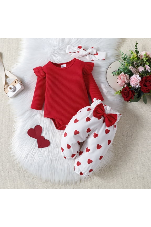 Valentines Baby Girl Outfit Love Heart Print Long Sleeve Romper Top Pant 2pc Set Baby Girls' Clothing for Baby 0-3 Months