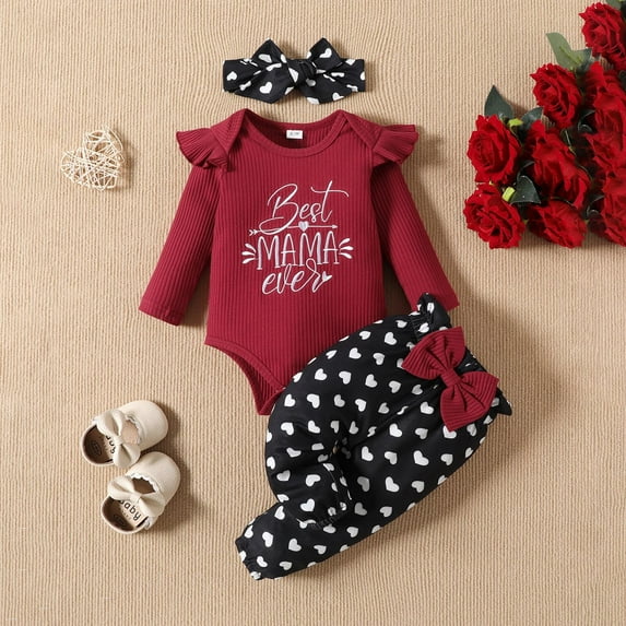 Valentines Baby Girl Outfit Lover Themed Letter Embroider Long Sleeve Romper Top Bell Bottom Pant 2pc Set Girl Baby Clothes for Baby Girls Boys 12-18 Months