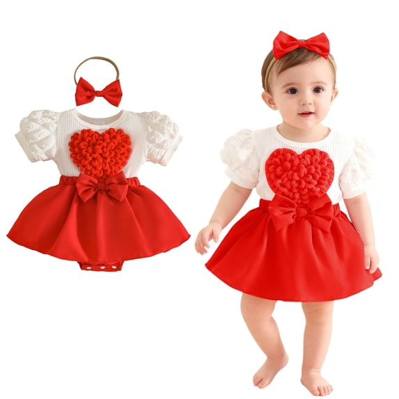 Valentines Baby Girl Outfit Short Sleeve Heart Embroidery Romper Tutu Dress with Bow Headband Set Cute Baby Girl Clothes Baby Girl Clothes 12-18 Months