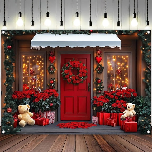 Valentines Backdrops for Photography 12 x 10 ft, Happy Valentine's Day Shop Store Red Rose Flower Background Cute Bear Love Heart Photo Shoot Props Decoration Mothers Day Banner