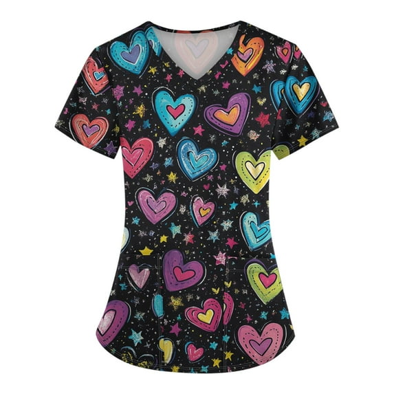 Valentines Basic Tees Plus Size V Neck Cute Heart Print Scrubs for Women with 2 Pockets