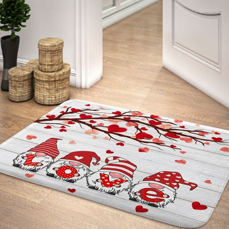 Valentines Bathroom Rugs, Romantic Gnome Couple Red Heart Tree on Rustic Wooden Farmhouse Valentine Extra Soft and Absorbent Bath Rugs, Non-Slip Bath Carpet, Bath Mats for Bathroom Floor(17"X29")