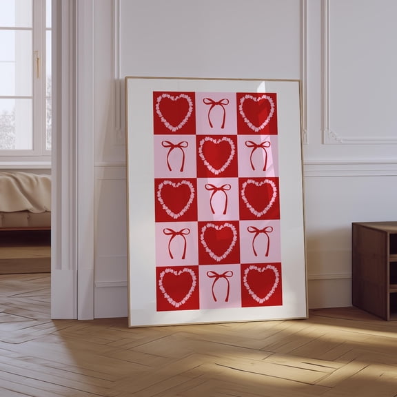 Valentines Bow Heart Pink Red Poster, Unframed Size 8x12