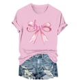thumbnail image 1 of Valentines Bow Print T-Shirt for Women, Round Neck Pullover Basic Tee, Fashion Roll Up&nbsp;short Sleeve Tops ,Pink,3XL, 1 of 6