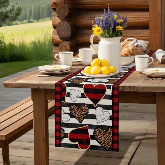Valentines Buffalo Plaid Red Border Table Runner 70 Inch Long Leopard Print Check Love Heart Table Runners Linen Burlap Tablerunner for Kitchen Dining Room Holiday Party