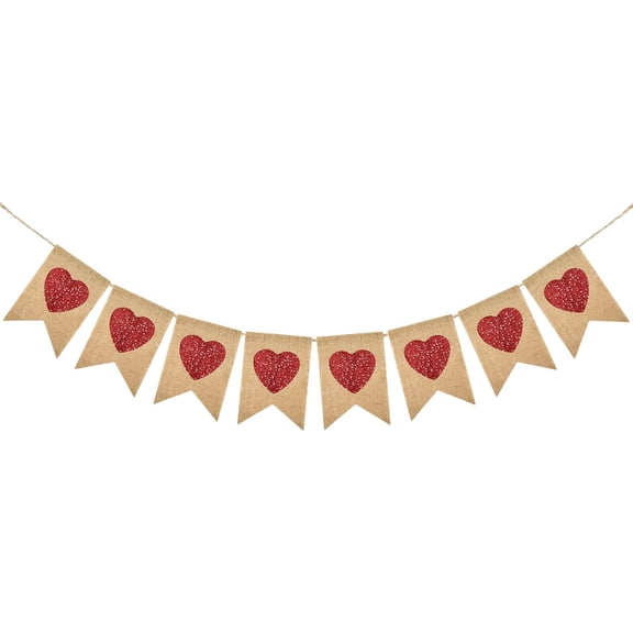 Valentines Burlap Hearts Banner No DIY Valentines Day Banner Red Glitter Heart Garland Pre-Strung Valentines Garland Heart Banner for Valentine's Day Wedding Anniversary Birthday Decorations (Red)
