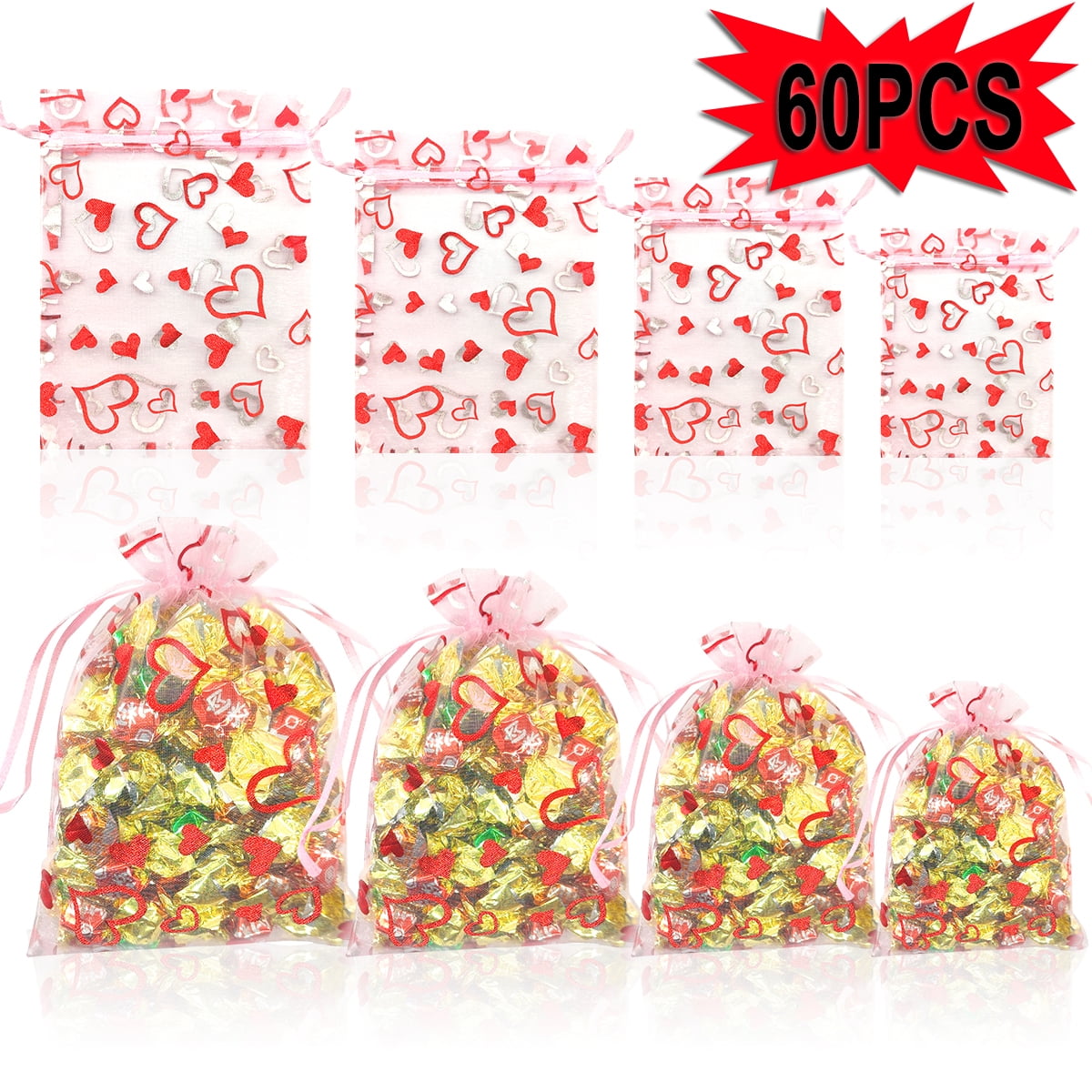 Valentines Candy Bags Heart Gift Bags Sheer Organza Drawstring Bag for