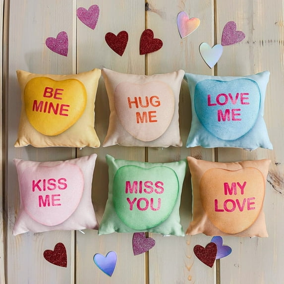 Valentines Candy Mini Pillow Set | 8x8 Pillow Covers | Valentine card motifs | Throw Pillow | Love is Love | I Love You | I Love You Gifts