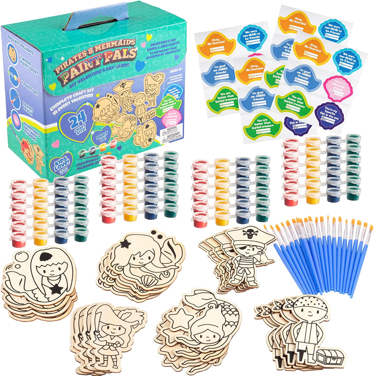 Valentines Cards for Kids Classroom -Mermaid & Pirate Wood Painting Kits (24ct)-Great Gifts for Kids School Exchange -Each Valentine has Craft, Paints, Brush & Sticker for Boys & Girls