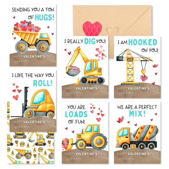Valentines Cards for Kids Classroom - 48 Pack Construction Valentines Day Class Exchange Greeting Cards with Envelopes & Heart Stickers