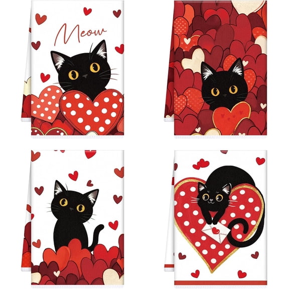 Valentines Cat Kitchen Towels, 4PCS Happy Valentines Day Dish Towels for Cooking Cleaning, Absorbent Aesthetic Tea Towel with Hanging Loop for Home Kitchen Decor(18 X 26 Inches)