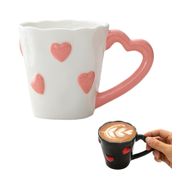 Valentines Ceramic Coffee Mugs, 3D Heart Embossed Tea Cups for Latte, Hot Tea,Creative Heart Handle Relief Mugs Design Holiday Cup Sets for Office Home