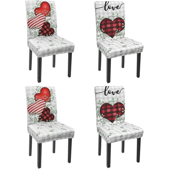 Valentines Chair Covers Set of 4 Spring Buffalo Plaid Love Hearts Stretch Parsons Chair Slipcovers for Valentines Dining Room Decor Chair Seat Protectors (Love,4PCS)