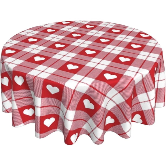 Valentines Checkered Round Tablecloth 70 Inch Red Love Heart Buffalo Plaid Round Table Cloth Holiday Table Covers Polyester Indoor Outdoor Tablecloths for Kitchen Dining Picnic Party