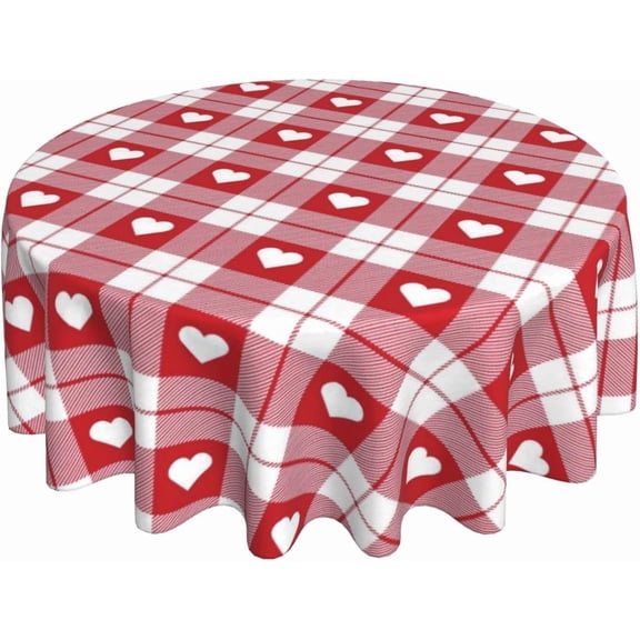 Valentines Checkered Round Tablecloth 70 Inch Red Love Heart Buffalo Plaid Round Table Cloth Holiday Table Covers Polyester Indoor Outdoor Tablecloths for Kitchen Dining Picnic Party