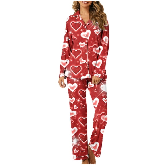 Valentines Iyufng Womens Pajama Sets Long Sleeve,Valentine's Day Pajama Sets for Women Plus Size,Sleepwear Sets,2 Piece Womens Plus Loungewear with Pockets V-Neck Love Heart Pjs S-XXXL