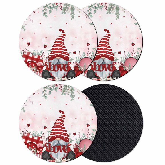 Valentines Coasters Set of 4, Absorbent Coasters for Drinks, Pink Red Love Heart Gnomes Eucalyptus Coaster for Desk Coffee Table Protection, Home Decor House Warming Gifts 4"