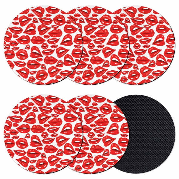 Valentines Coasters Set of 6, Absorbent Coasters for Drinks, Modern Romantic Red Woman Lips Love Kiss Coaster for Desk Coffee Table Protection, Home Decor House Warming Gifts 4"