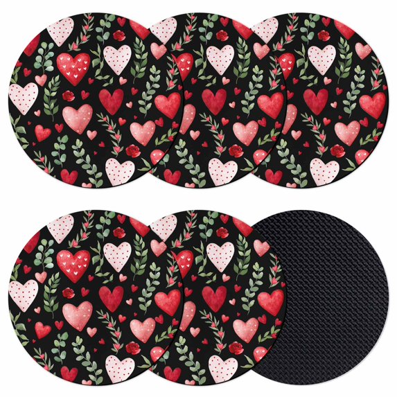 Valentines Coasters Set of 6, Absorbent Coasters for Drinks, Pink Red Love Heart Green Botanical Black Coaster for Desk Coffee Table Protection, Home Decor House Warming Gifts 4"