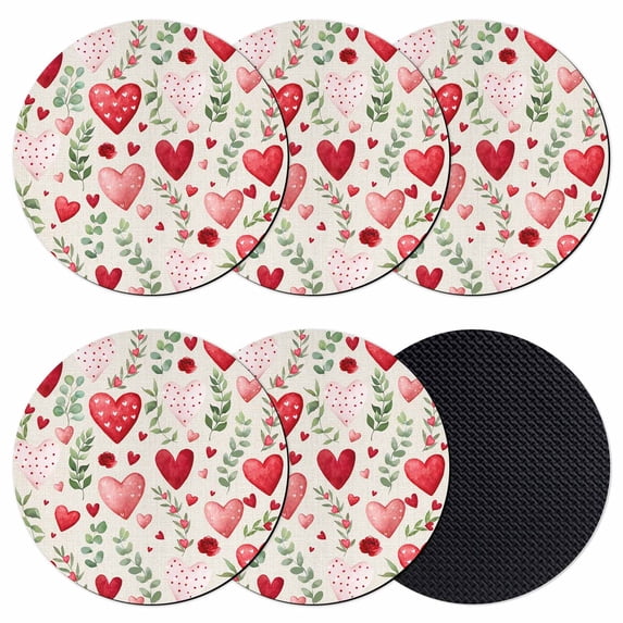 Valentines Coasters Set of 6, Absorbent Coasters for Drinks, Pink Red Love Heart Green Botanical Spring Coaster for Desk Coffee Table Protection, Home Decor House Warming Gifts 4"