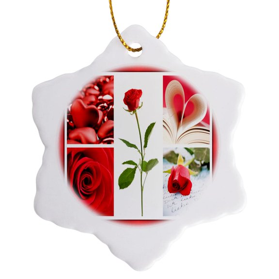 3drose, Valentines Collage, 3 inch Snowflake Porcelain Ornament