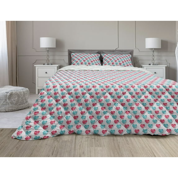Valentines Comforter & Sham Bedding Set, Poly Art Style Heart on Parallel Symmetric Background Stripes, 3 pcs Duvet Set Microfiber Filling Quilt, 5 Sizes, Magenta Turquoise and White, by Ambesonne