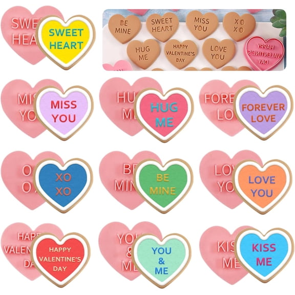 Valentines Cookie Cutters Heart Shapes for Baking, Personalized Cookie Cutters with Plunger Stamps for Valentine Party Supplies, Biscuit Fondant Cutters Baking Mold Tools for Kids-10 Pcs
