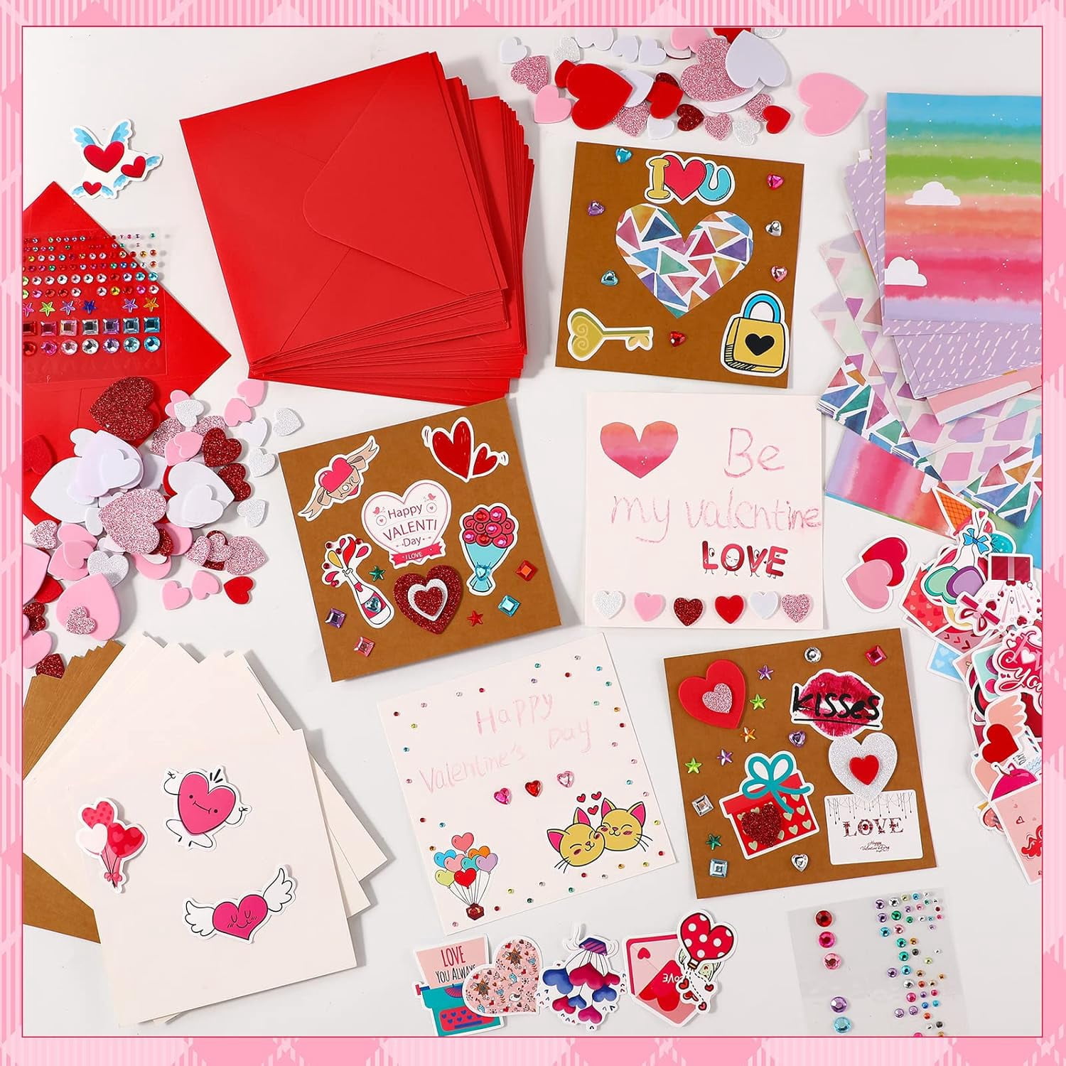 Valentines Crafts Valentine's Day Kits DIY Card with Envelopes Heart Foam Stickers Watercolor Double Sided Colored Paper Crystal Drill Sticker