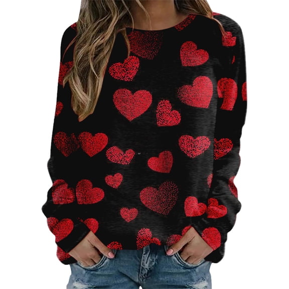 Valentines Crew Neck Sweatshirt for Women Casual Love Heart Print Hoodless Sweatshirt Pullover Tops Long Sleeve Workout Shirts Relaxed Fit Valentine's Day Blouse Women Sweatshirt
