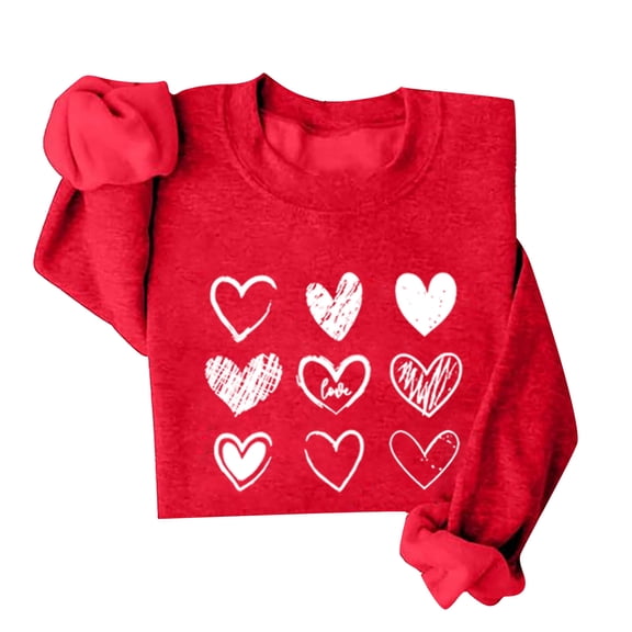 Valentines Crew Neck Sweatshirt for Women Love Heart Graphic Hoodless Sweatshirt Long Sleeve Pullover Tops Valentine's Day Blouse Relaxed Fit Soft Sweatshirts for Women