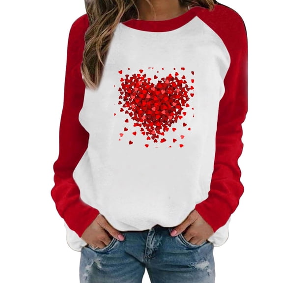 Valentines Crew Neck Sweatshirt for Women Love Heart Print Raglan Sleeve Sweatshirts Relaxed Fit Pullover Tops Casual Long Sleeve Shirt Sweatshirt for Women