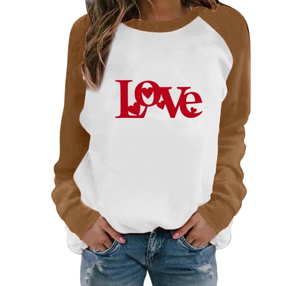 Valentines Crew Neck Sweatshirt for Women Love Heart Print Raglan Sleeve Sweatshirts Relaxed Fit Pullover Tops Casual Long Sleeve Shirt Womens Sweatshirt