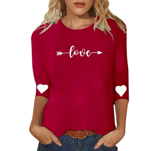 Valentines Crew Neck Sweatshirts Women 3/4 Sleeve Letter Print Tee Shirts Classic Fit Pullover Tops Casual Valentines Day Blouse Crewneck Sweatshirt