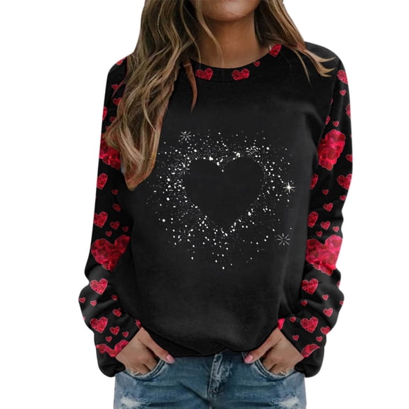 Valentines Crew Neck Sweatshirts Women Love Heart Graphic Print Hoodless Sweatshirt Casual Long Sleeve Valentine Day Comfortable Tops Relaxed Fit Blouse Womens Plus Size Sweatshirts