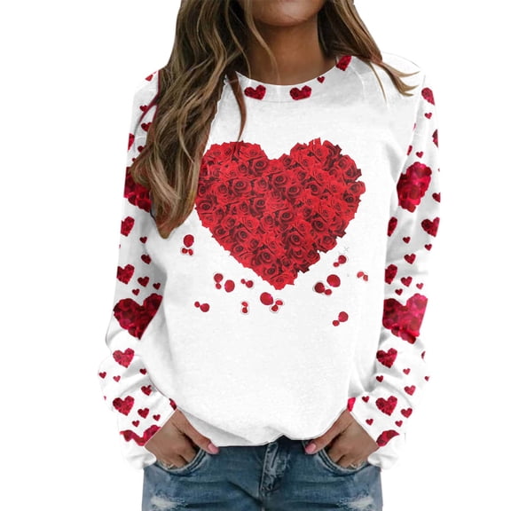 Valentines Crewneck Sweatshirts Women Love Heart Graphic Print Hoodless Sweatshirt Casual Long Sleeve Valentine Day Comfortable Tops Relaxed Fit Blouse Sweatshirts Women