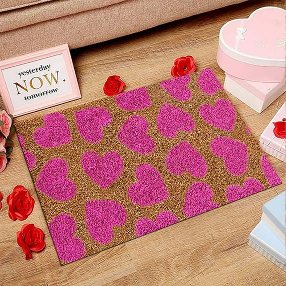 Valentines Crystal Fleece Door Mat 16'' x 24'' Valentine's Day Welcome Mat Doormat Valentine's Day Love Heart Outdoor Rug Non Slip Mat Low-Profile Romantic Heart Front Door Mat for Porch Entryway B