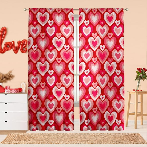 Valentines Curtains for Living Room,Romantic Pink Red Love Heart Semi Sheer Curtains 84 Inches Long 2 Panels,Cute Groovy Window Drapes for Bedroom Abstract 60s 70s Retro Curtains,Valentine''s Day