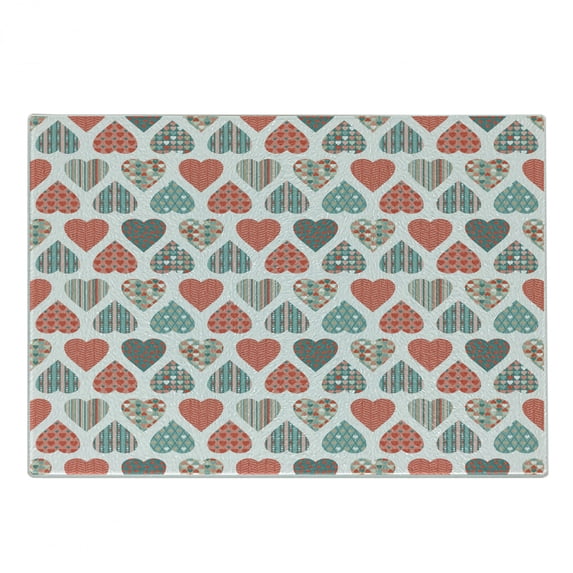 Valentines Cutting Board, Retro Style up and down Hearts with Stripes Waves and Checkered Patterns, Decorative Tempered Glass Cutting and Serving Board, Small Size, Teal Coral White, by Ambesonne