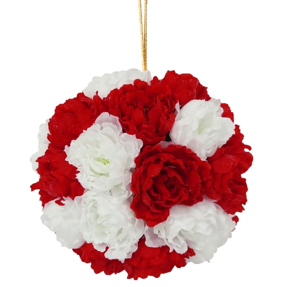 12 in. Valentines Day Red and White Peony Hanging Ball