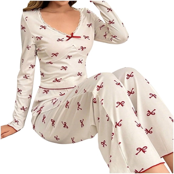 Valentines Day 2 Piece Bow Pajamas for Women Valentine Pjs Sets Stretch Long Sleeve Sleepwear Trousers Loungewear Pyjamas White M