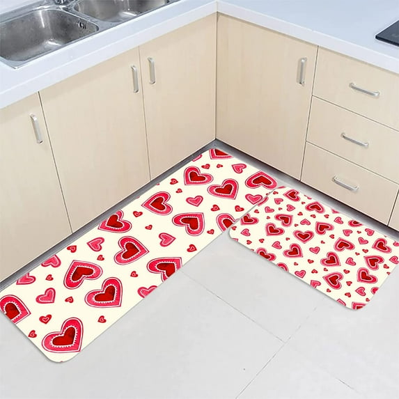 Valentines Day 2 Pieces Kitchen Mats Floor Area Rug Set Retro Romantic Love Heart on Beige Non-Slip Doormat, Indoor Water Absorbent Standing Runner Rugs for Home Decor Sweet Hearts