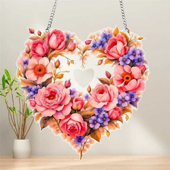 Valentines Day 2D Acrylic Heart Floral Pendant, 2D Flat Design With Heart-Shaped Floral Pattern, Cross-Border Hanging Decoration For Car Rearview Mirror Home Desktop Party &