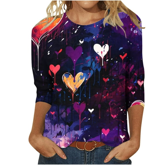 Valentines Day 3/4 Sleeve Shirts Women Cute Glitter Heart Shirt Casual Valentines Shirts for Women Long Sleeve Graphic Tees Tops